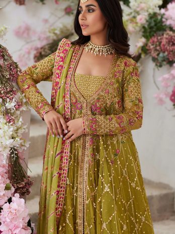 Silk Pear Green Lace Embroidered Jacket Style Lehenga