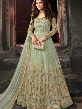 Sage Green Embroidered Net Anarkali Suit For Mehndi